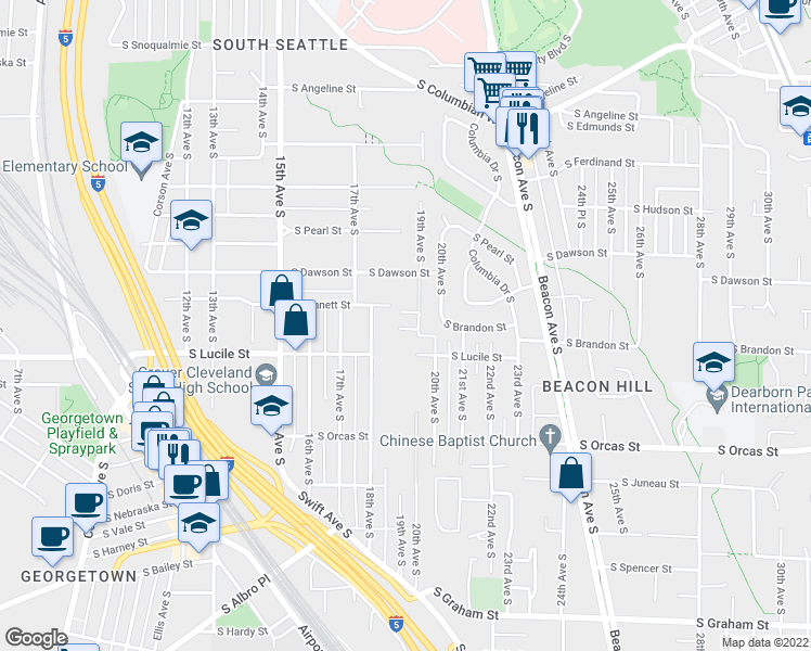 map of restaurants, bars, coffee shops, grocery stores, and more near 1851 South Bennett Drive in Seattle