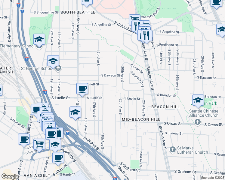 map of restaurants, bars, coffee shops, grocery stores, and more near 1851 South Bennett Drive in Seattle
