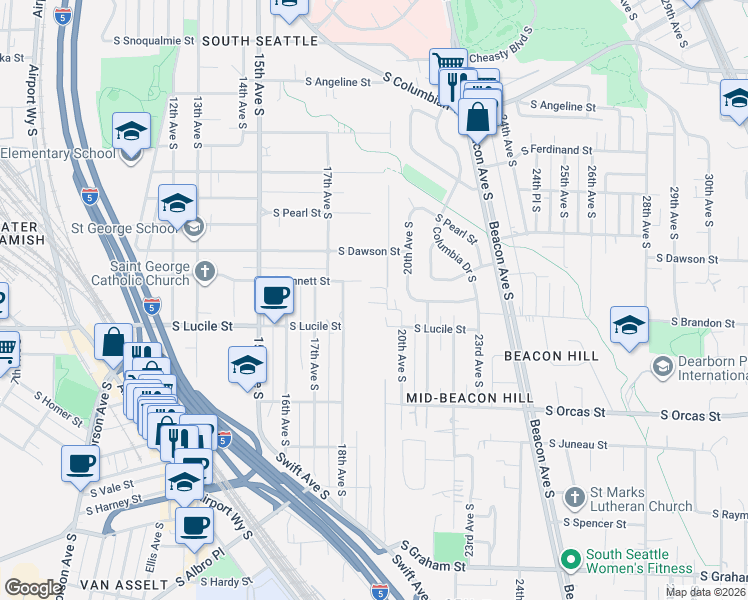 map of restaurants, bars, coffee shops, grocery stores, and more near 1851 South Bennett Drive in Seattle