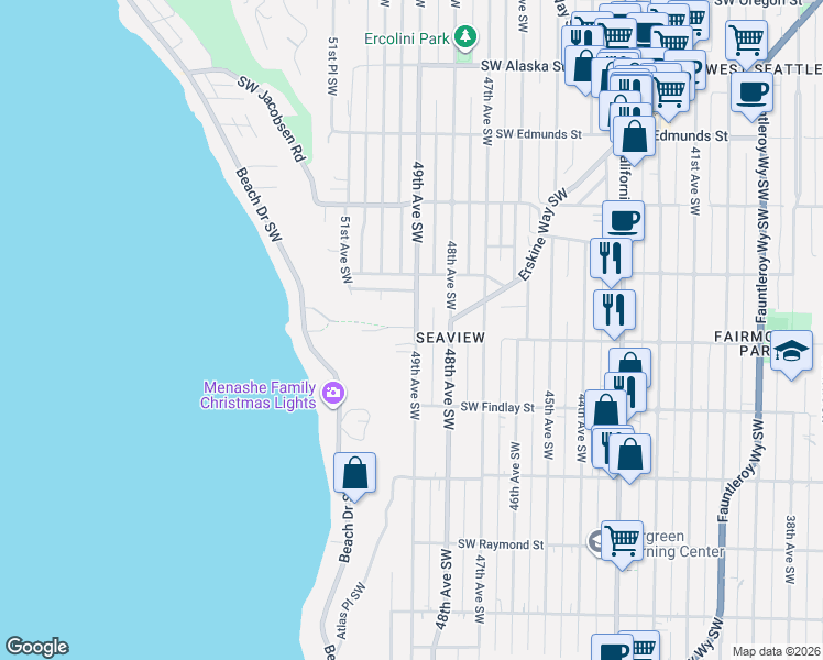 map of restaurants, bars, coffee shops, grocery stores, and more near 4910 Southwest Canada Drive in Seattle