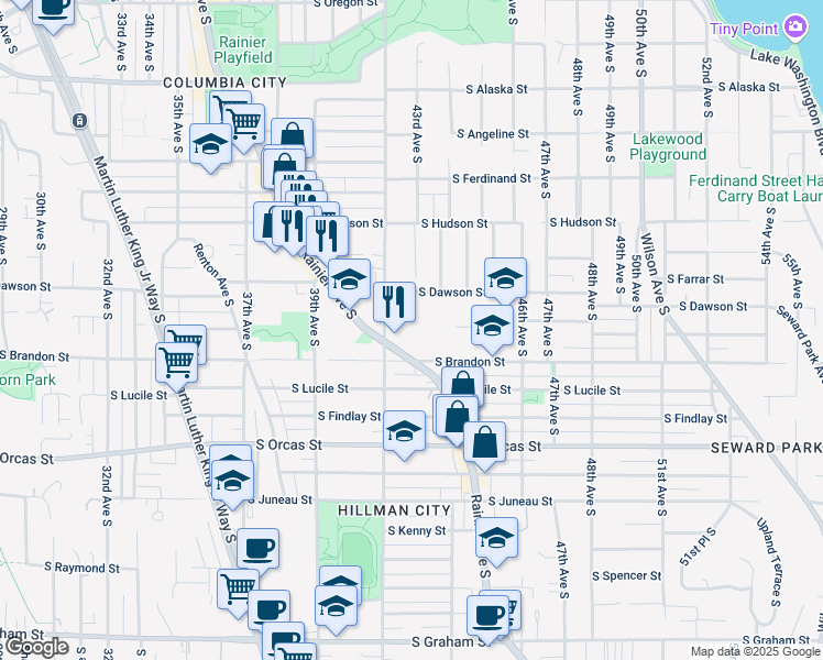 map of restaurants, bars, coffee shops, grocery stores, and more near 5316 Rainier Avenue South in Seattle