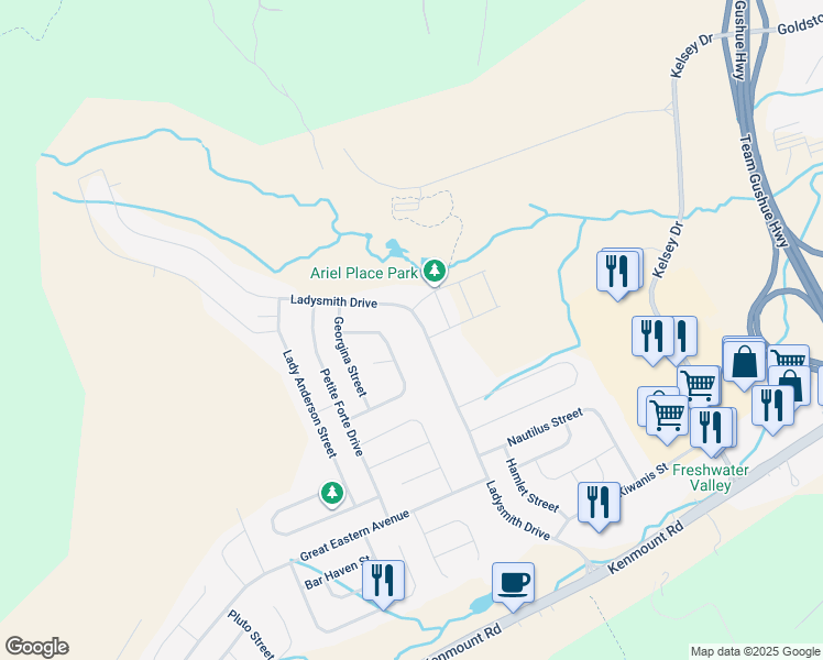 map of restaurants, bars, coffee shops, grocery stores, and more near 121 Ladysmith Drive in St. John's