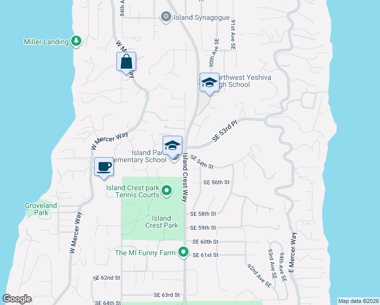 map of restaurants, bars, coffee shops, grocery stores, and more near 8804 Southeast 54th Street in Mercer Island