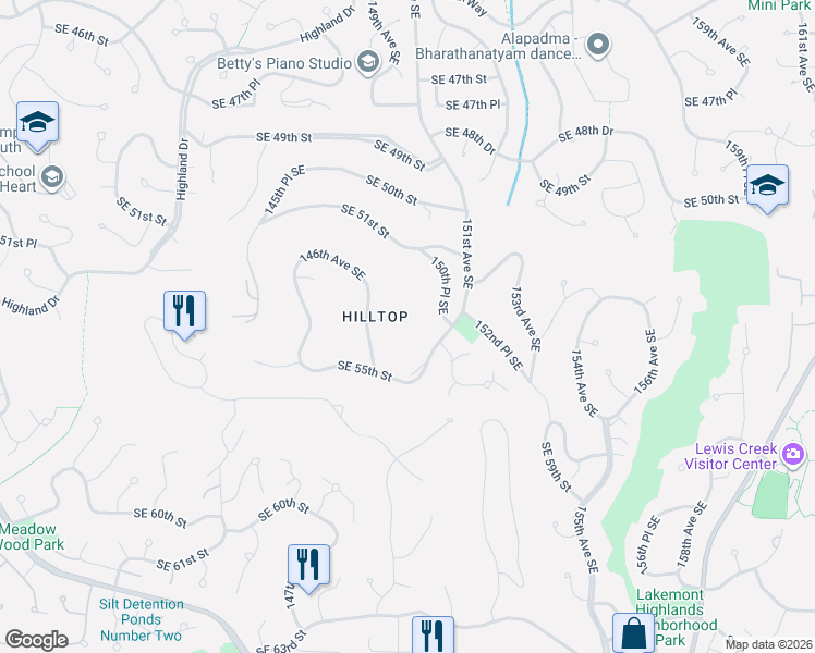 map of restaurants, bars, coffee shops, grocery stores, and more near 14841 Southeast 54th Street in Bellevue