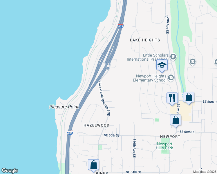 map of restaurants, bars, coffee shops, grocery stores, and more near 5438 Lake Washington Boulevard Southeast in Bellevue