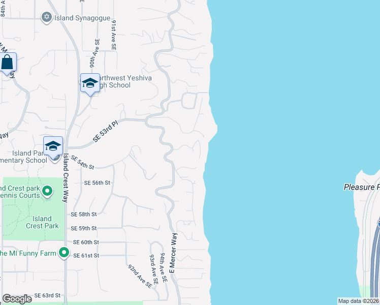 map of restaurants, bars, coffee shops, grocery stores, and more near 9433 Southeast 54th Street in Mercer Island