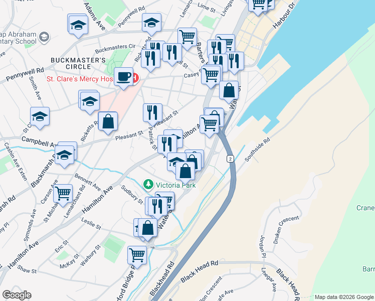 map of restaurants, bars, coffee shops, grocery stores, and more near 13 Brine Street in St. John's