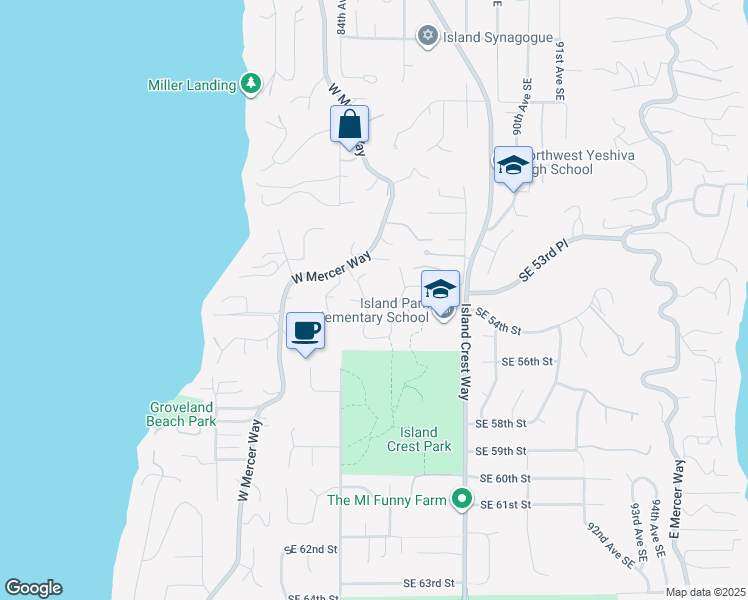map of restaurants, bars, coffee shops, grocery stores, and more near 8401 Southeast 53rd Place in Mercer Island
