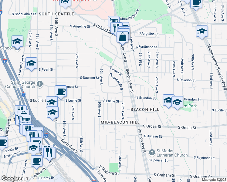 map of restaurants, bars, coffee shops, grocery stores, and more near 2113 South Bennett Street in Seattle