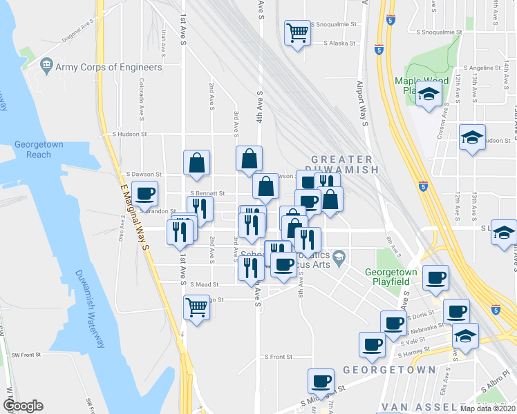 map of restaurants, bars, coffee shops, grocery stores, and more near 5315 4th Ave S in Seattle