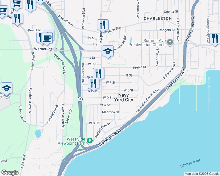 map of restaurants, bars, coffee shops, grocery stores, and more near 3735 West F Street in Bremerton
