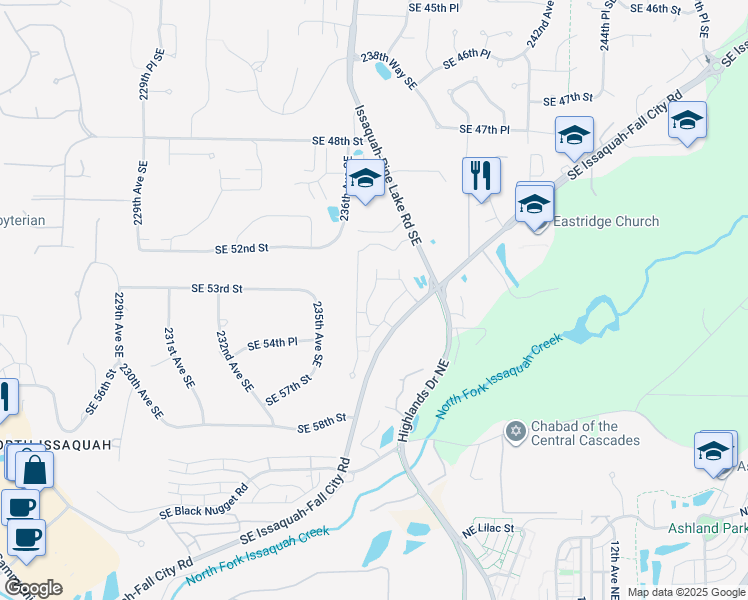 map of restaurants, bars, coffee shops, grocery stores, and more near 23762 Southeast Summerhill Lane in Issaquah