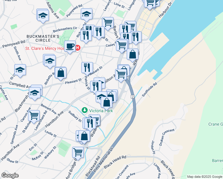 map of restaurants, bars, coffee shops, grocery stores, and more near 14 Brine Street in St. John's
