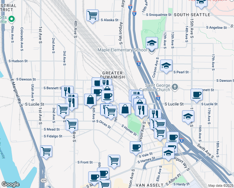 map of restaurants, bars, coffee shops, grocery stores, and more near 5400 Denver Ave S in Seattle