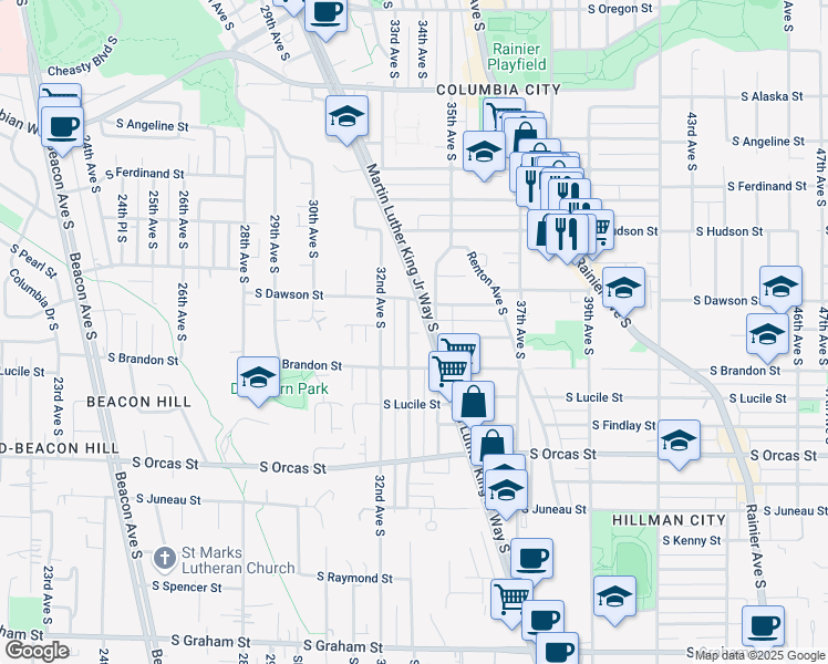 map of restaurants, bars, coffee shops, grocery stores, and more near 5228 33rd Avenue South in Seattle