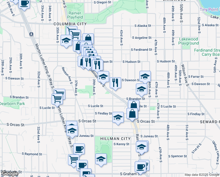 map of restaurants, bars, coffee shops, grocery stores, and more near 5270 Rainier Avenue South in Seattle