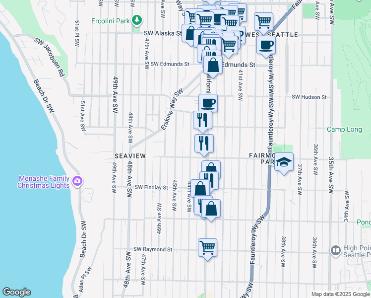 map of restaurants, bars, coffee shops, grocery stores, and more near 5274 45th Avenue Southwest in Seattle