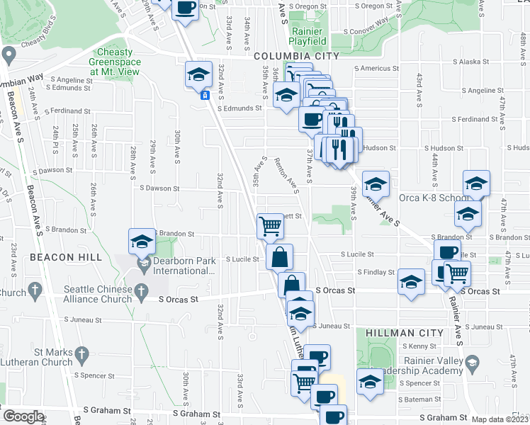 map of restaurants, bars, coffee shops, grocery stores, and more near 3512 South Bennett Street in Seattle