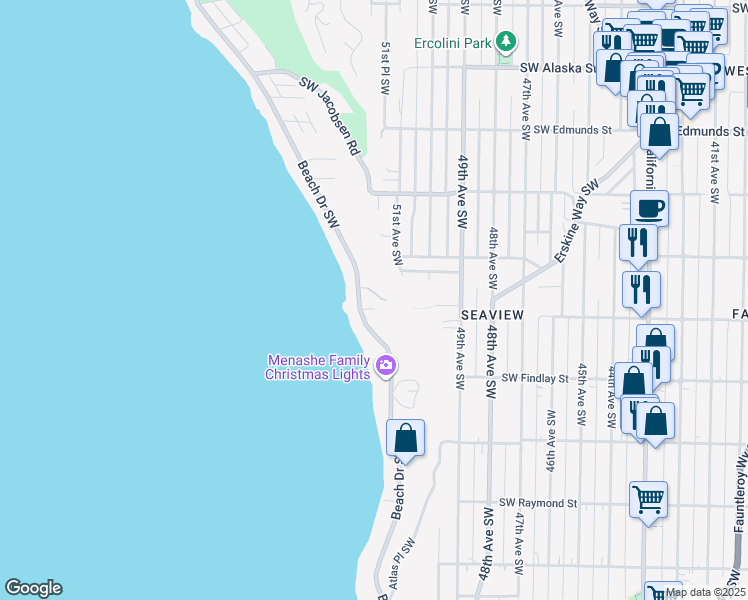 map of restaurants, bars, coffee shops, grocery stores, and more near 5301 Southwest Shore Place in Seattle