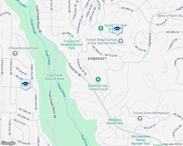 map of restaurants, bars, coffee shops, grocery stores, and more near 5323 134th Avenue Southeast in Bellevue