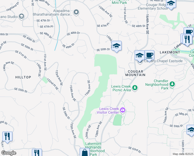 map of restaurants, bars, coffee shops, grocery stores, and more near 15627 Southeast 54th Street in Bellevue
