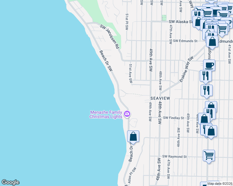 map of restaurants, bars, coffee shops, grocery stores, and more near 5311 Beach Drive Southwest in Seattle