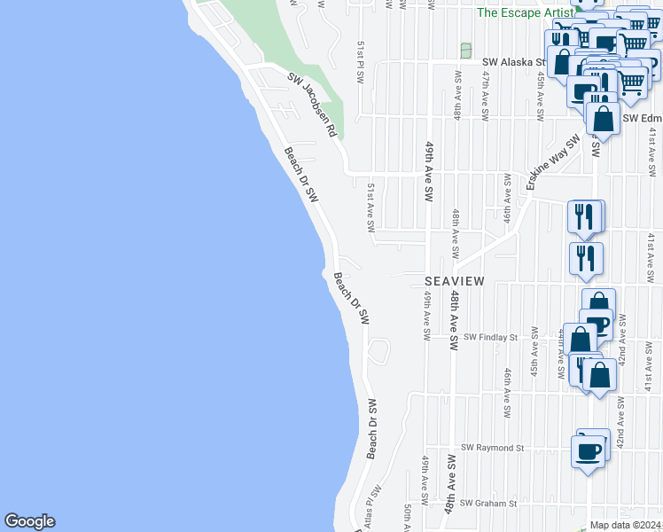 map of restaurants, bars, coffee shops, grocery stores, and more near 5311 Beach Drive Southwest in Seattle