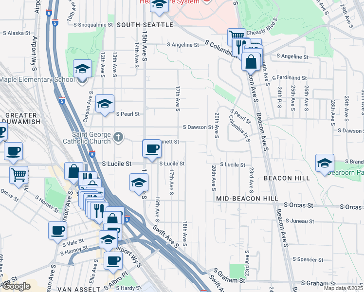 map of restaurants, bars, coffee shops, grocery stores, and more near 5307 18th Avenue South in Seattle