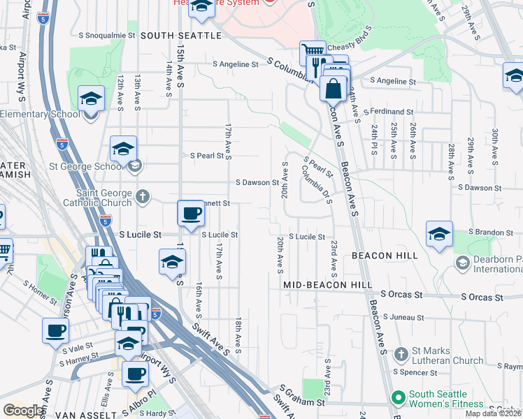 map of restaurants, bars, coffee shops, grocery stores, and more near 1851 South Bennett Drive in Seattle