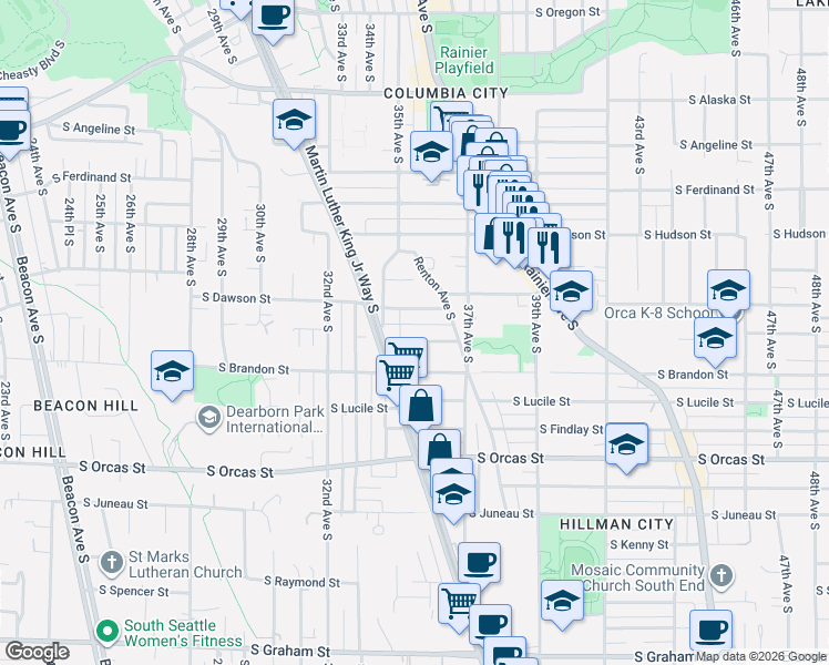 map of restaurants, bars, coffee shops, grocery stores, and more near 3542 South Bennett Street in Seattle