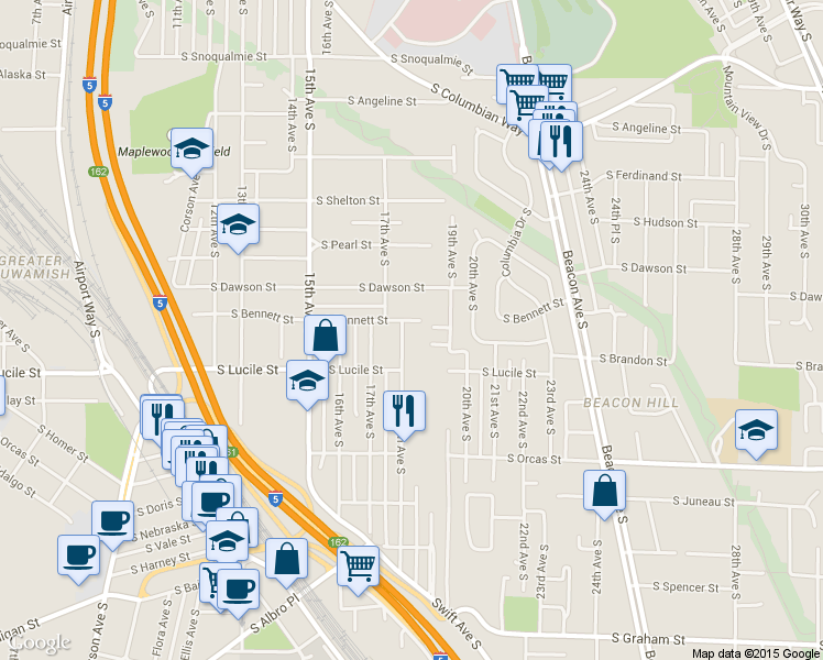 map of restaurants, bars, coffee shops, grocery stores, and more near 5307 18th Avenue South in Seattle