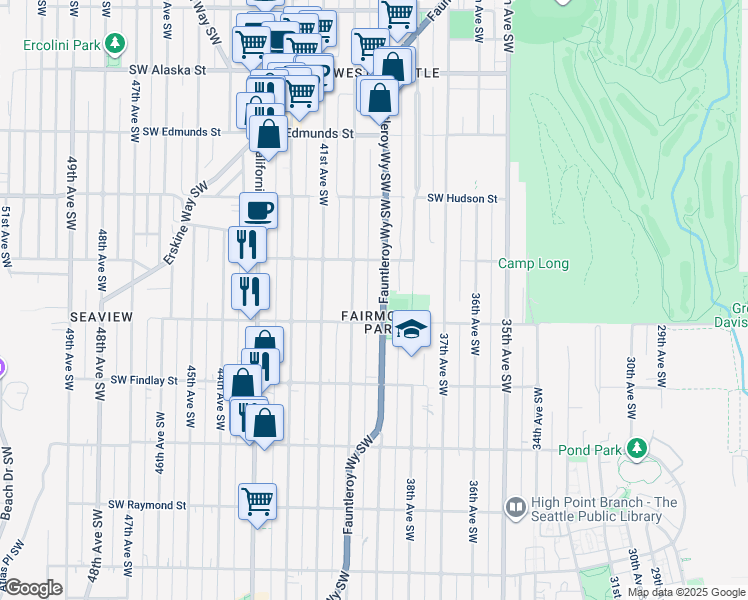 map of restaurants, bars, coffee shops, grocery stores, and more near 5237 Fauntleroy Way Southwest in Seattle