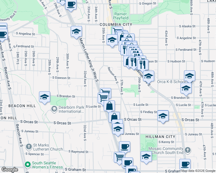 map of restaurants, bars, coffee shops, grocery stores, and more near 3542 South Bennett Street in Seattle