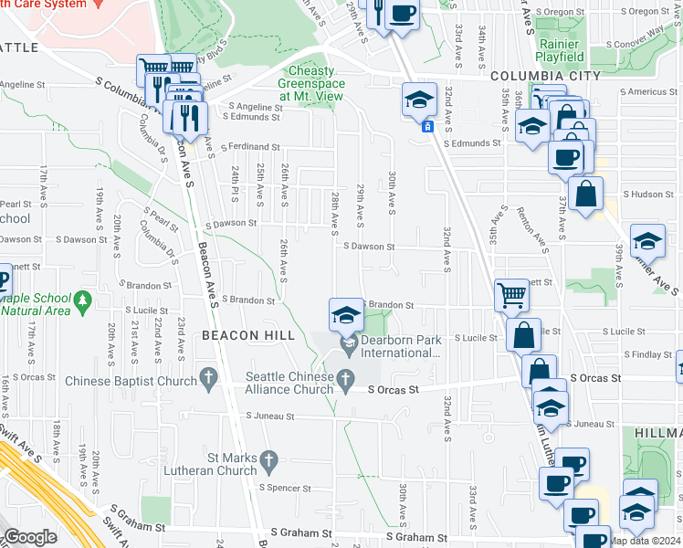 map of restaurants, bars, coffee shops, grocery stores, and more near 5300 28th Avenue South in Seattle