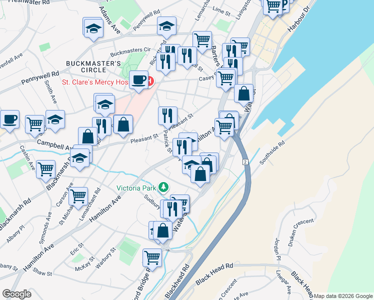 map of restaurants, bars, coffee shops, grocery stores, and more near 93 Hamilton Avenue in St. John's
