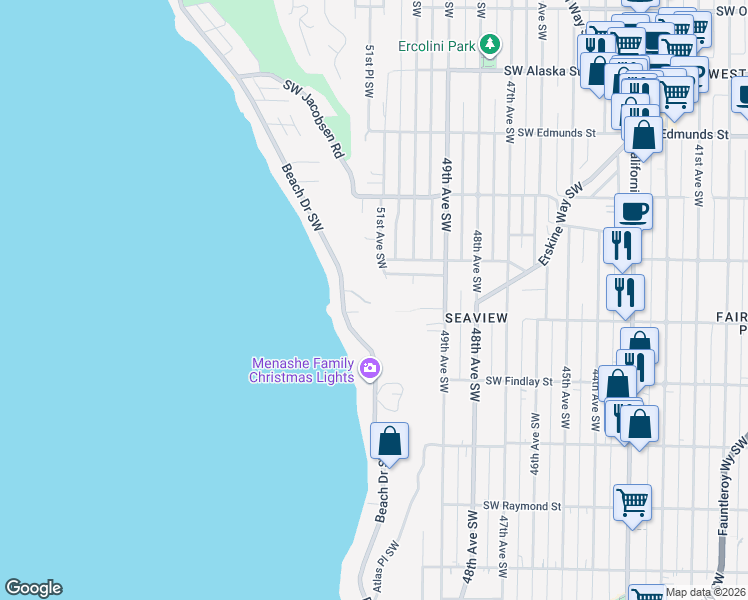 map of restaurants, bars, coffee shops, grocery stores, and more near 5118 Southwest Canada Drive in Seattle