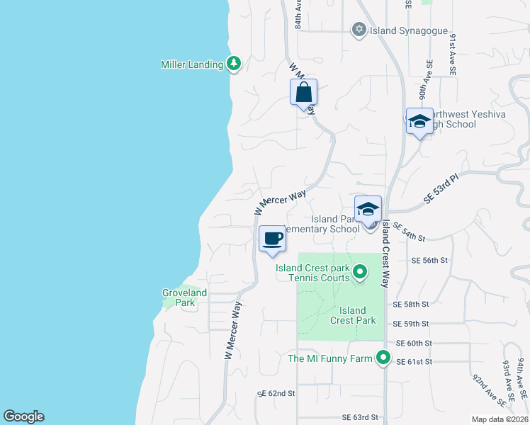 map of restaurants, bars, coffee shops, grocery stores, and more near 5310 West Mercer Way in Mercer Island