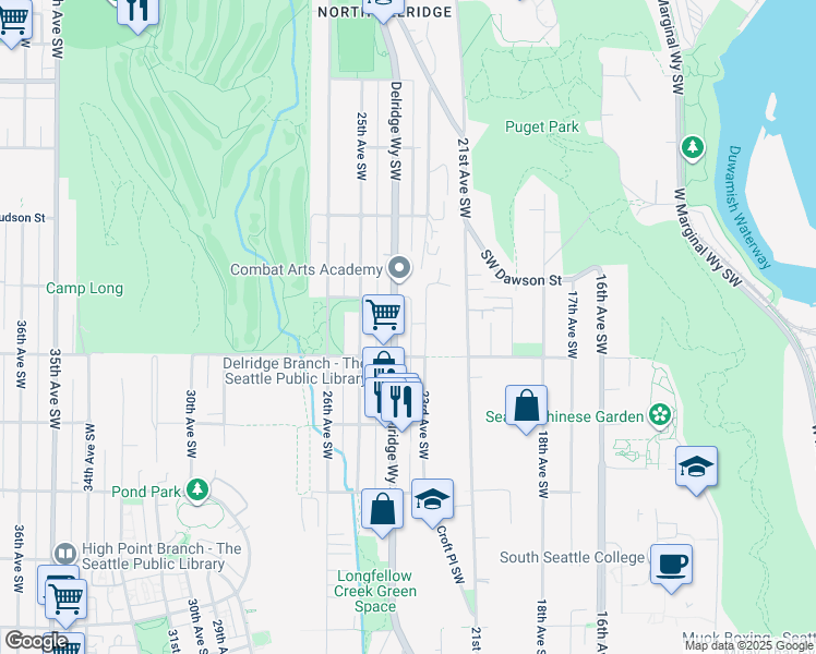 map of restaurants, bars, coffee shops, grocery stores, and more near 5212 Delridge Way Southwest in Seattle