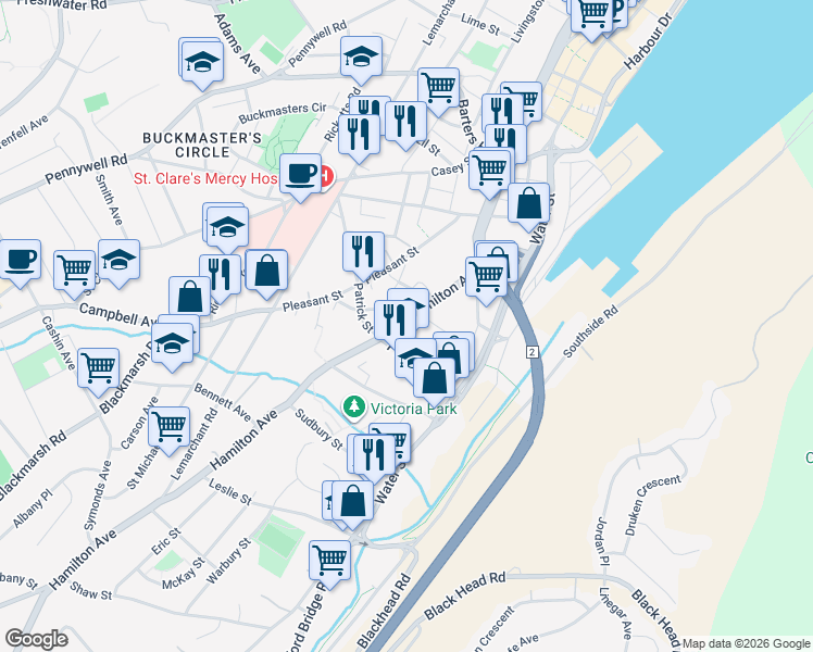 map of restaurants, bars, coffee shops, grocery stores, and more near 91 Hamilton Avenue in St. John's