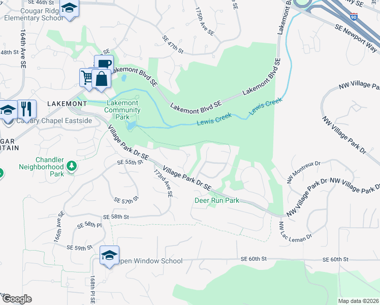 map of restaurants, bars, coffee shops, grocery stores, and more near 5428 Southeast 54th Place in Bellevue