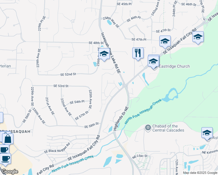 map of restaurants, bars, coffee shops, grocery stores, and more near 23762 Southeast Summerhill Lane in Issaquah