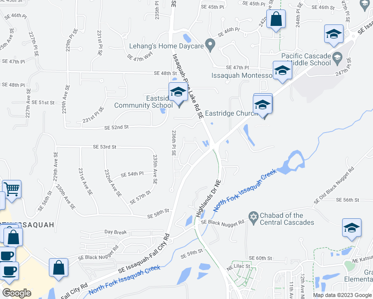 map of restaurants, bars, coffee shops, grocery stores, and more near 23762 Southeast Summerhill Lane in Issaquah