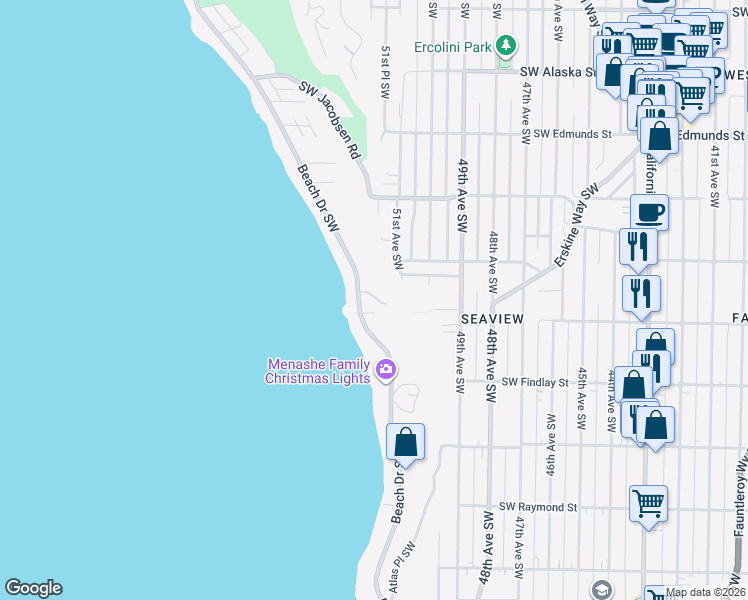 map of restaurants, bars, coffee shops, grocery stores, and more near 5301 Southwest Shore Place in Seattle