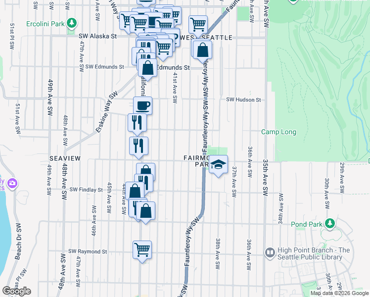 map of restaurants, bars, coffee shops, grocery stores, and more near 5237 40th Avenue Southwest in Seattle