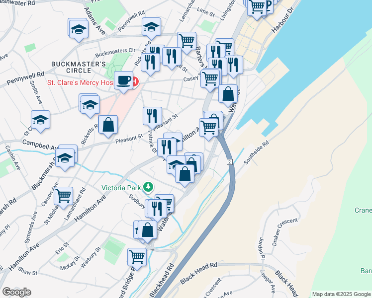 map of restaurants, bars, coffee shops, grocery stores, and more near 34 Brine Street in St. John's