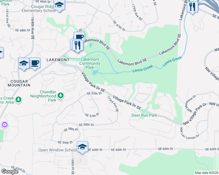 map of restaurants, bars, coffee shops, grocery stores, and more near 17247 Southeast 54th Place in Bellevue