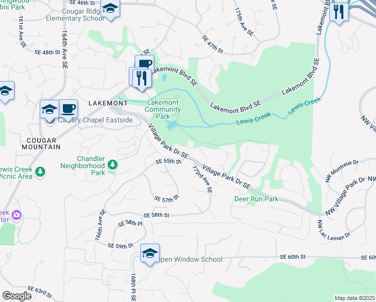 map of restaurants, bars, coffee shops, grocery stores, and more near 17247 Southeast 54th Place in Bellevue