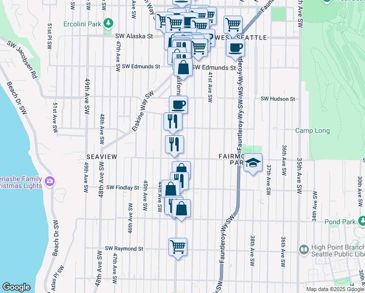 map of restaurants, bars, coffee shops, grocery stores, and more near 5242 California Avenue Southwest in Seattle