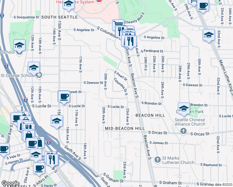 map of restaurants, bars, coffee shops, grocery stores, and more near 2113 South Bennett Street in Seattle