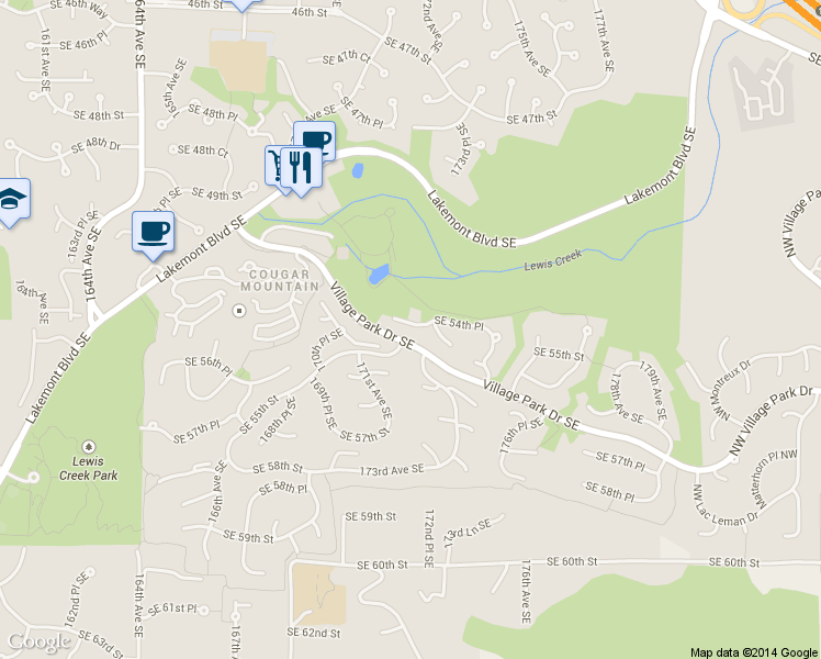 map of restaurants, bars, coffee shops, grocery stores, and more near 17247 Southeast 54th Place in Bellevue